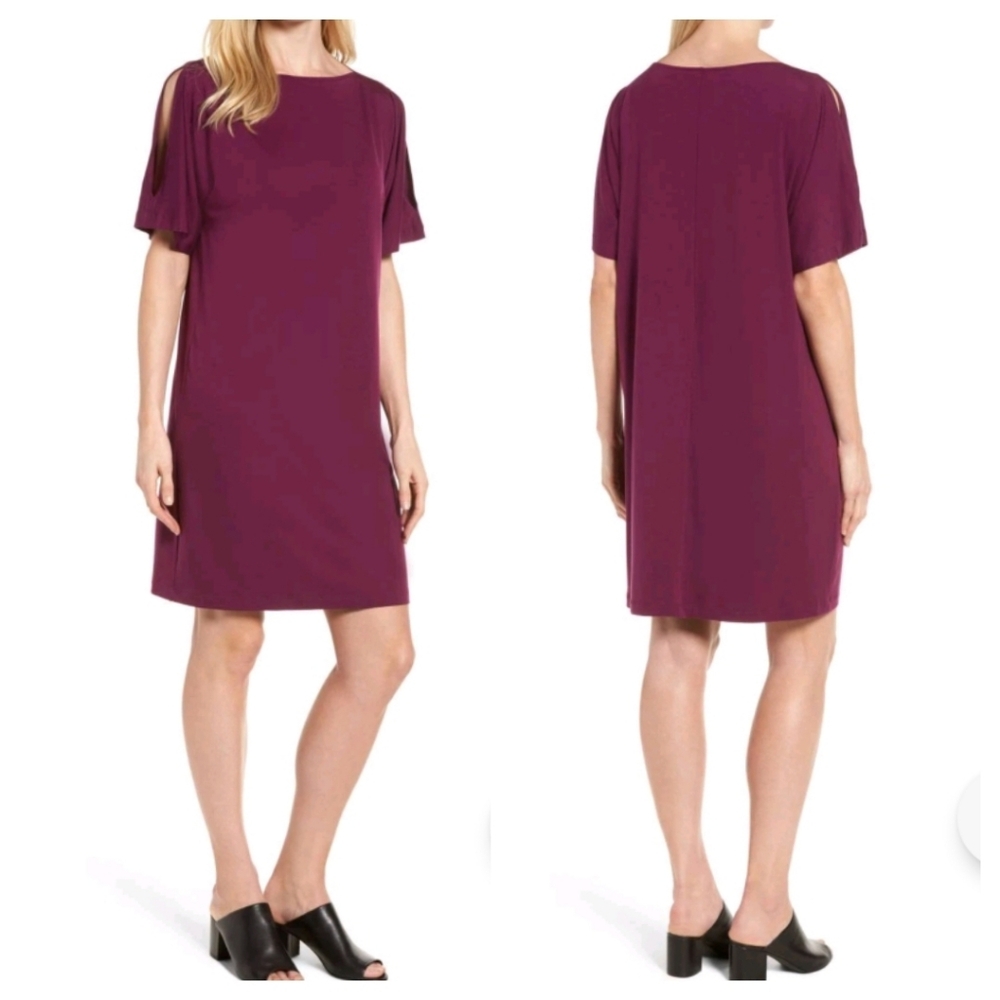 EILEEN FISHER Boysenberry Bateau Neck Kimono Slit Sleeve Dress PM C916